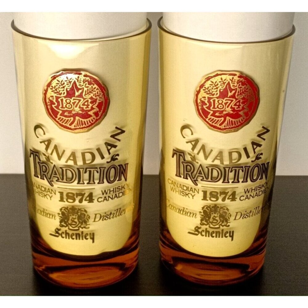 Vintage Schenley Canadian Tradition Canadian Whiskey Amber Glasses set of 2